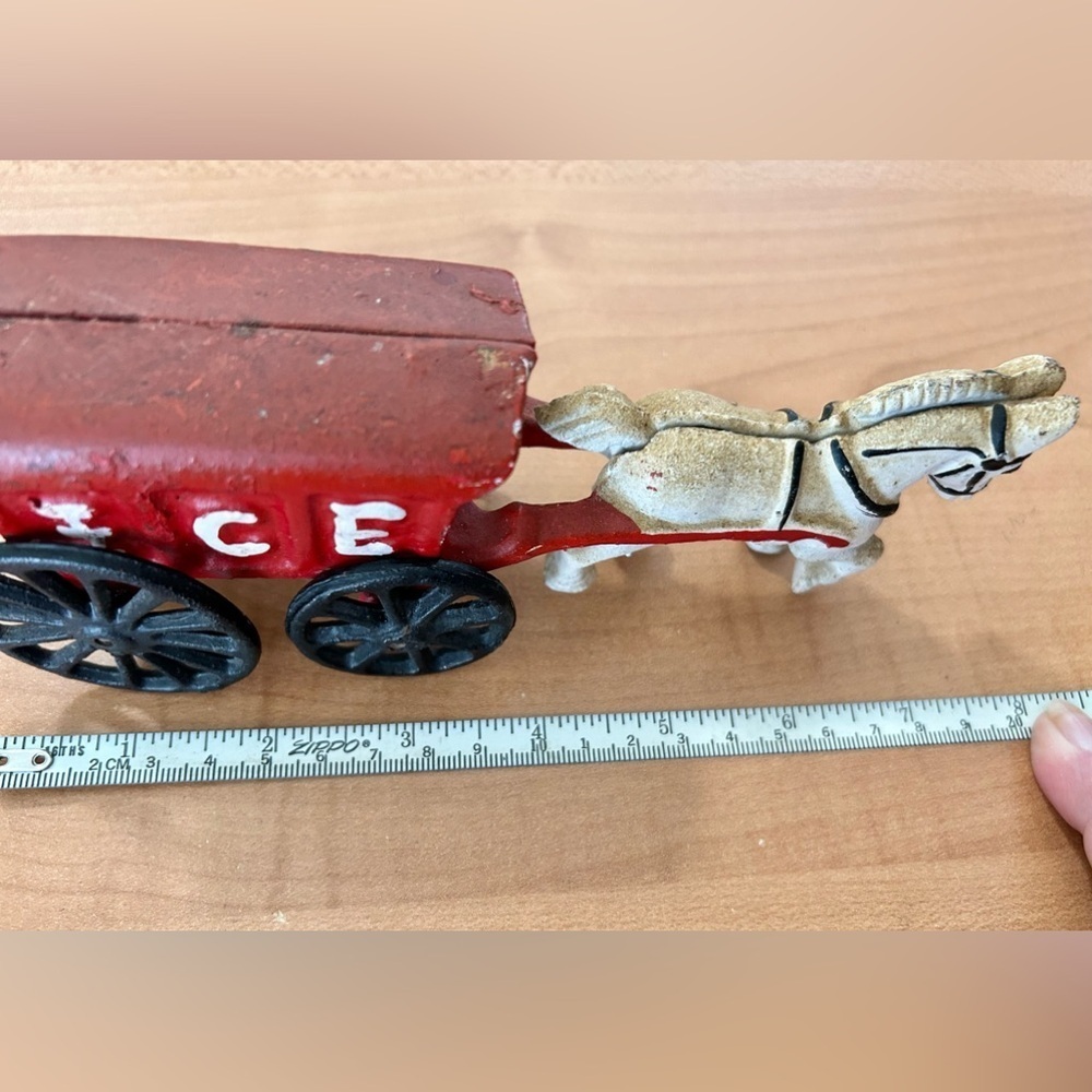 Vintage Cast Iron Toy white Horse with red Ice Wagon Cart - Picture 7 of 8